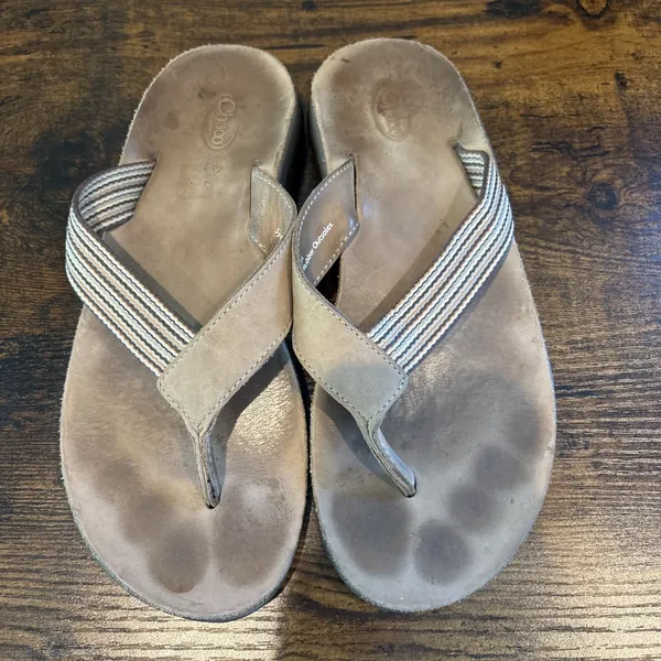 Chacos Womens Size 8 Striped Leather Sandals Flip Flops Thongs Shoes - Image 2