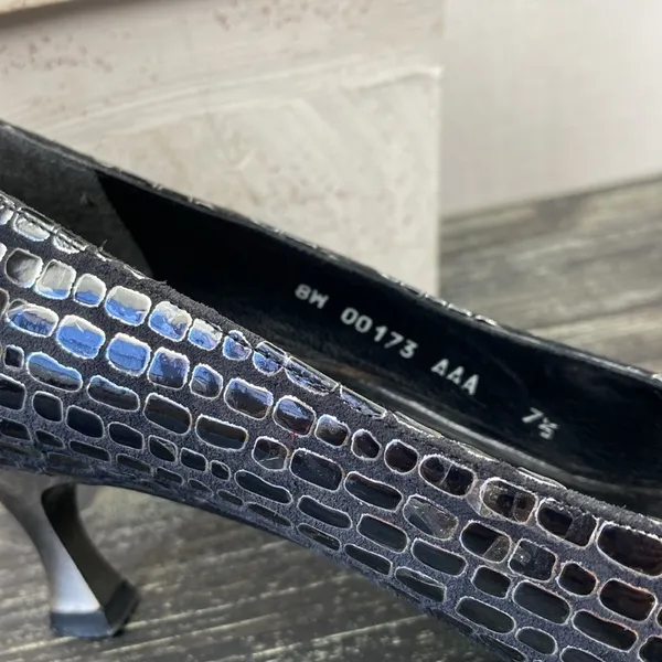 Stuart Weitzman Black & Silver Print Point Toe Pump Kitten Heel Shoes 7.5 - Image 6