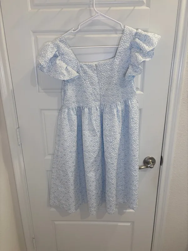 Lemmus Blue White Floral Dress Ruffle Sleeve Fit Flare Midi Cottagecore Medium - Image 3