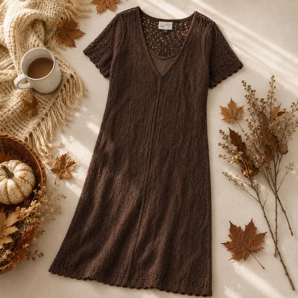 Universal Thread Brown Crochet Midi Dress‎ Womens Medium NWT Cotton Pointelle - Image 2