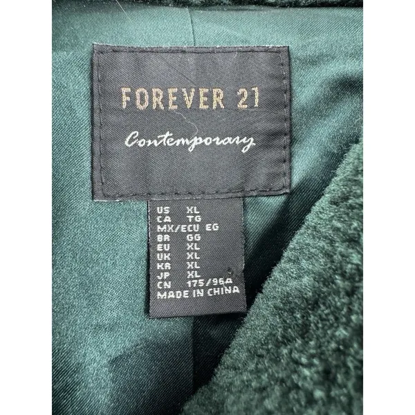 Forever 21 Faux Fur Hooded Jacket Women XL Dark Green Full Zip Lined Cozy Teddy - Image 6