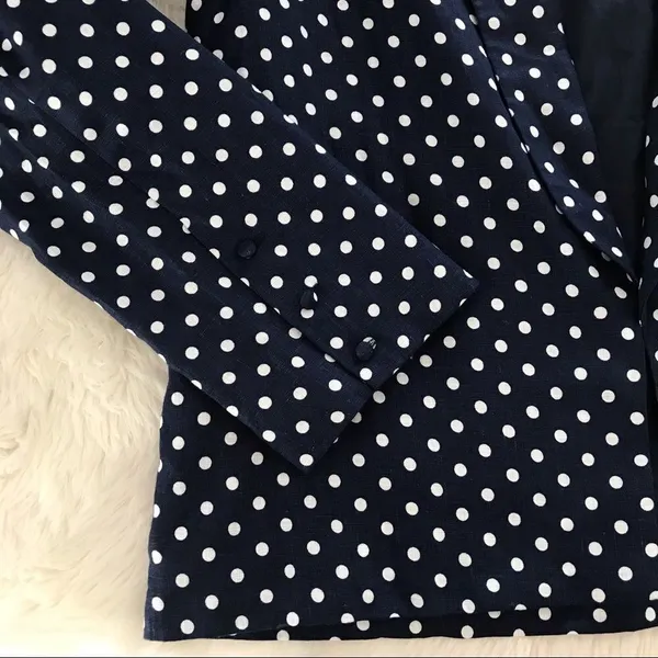 L’ACADEMIE Polka‎ Dot Linen Blazer Medium Navy Blue White Boyfriend Open Front - Image 8