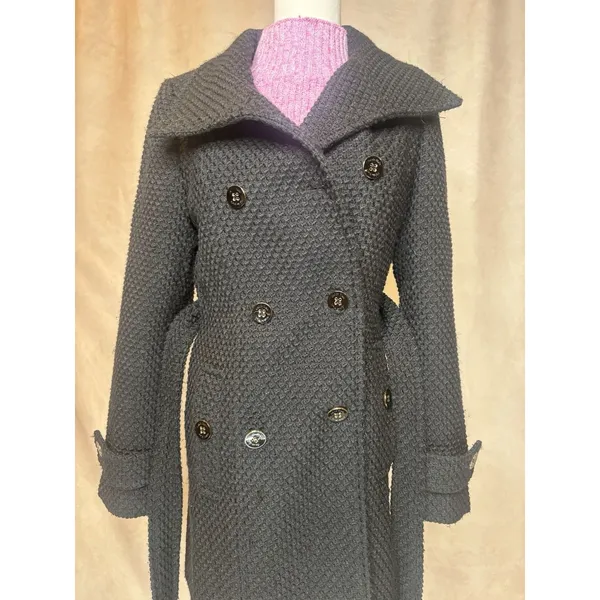 Calvin Klein Belted Textured Peacoat Jacket XS Black Double Breasted - Image 4