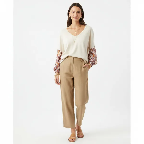 Anthropologie Tan Cream & Red Long Floral Sleeve V Neck Oversized Top M - Image 6