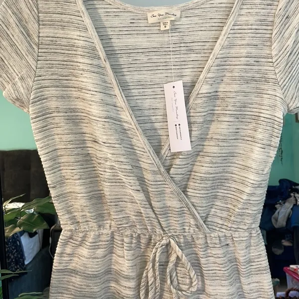 See You Monday Short‎ Sleeve Wrap Dress Gray Striped Drawstring Waist Size S - Image 2