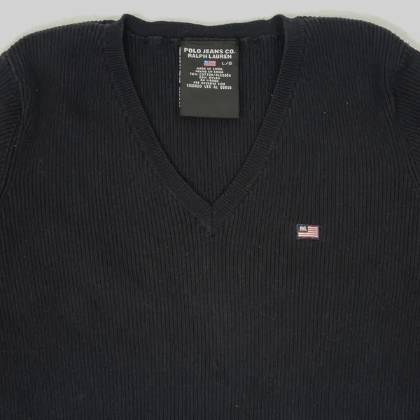 Vintage 90s Polo Jeans Co. Ralph Lauren Black Ribbed V Neck Sweater - Image 4