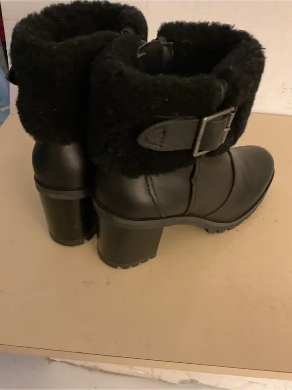 UGG women Black leather shearling platform waterproof heel boots US 7.5 - Image 8