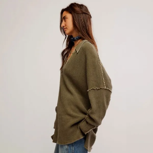 We The Free Free People Travis Tunic Polo Top Waffle Knit Thermal Green Oversized Lounge M - Image 2