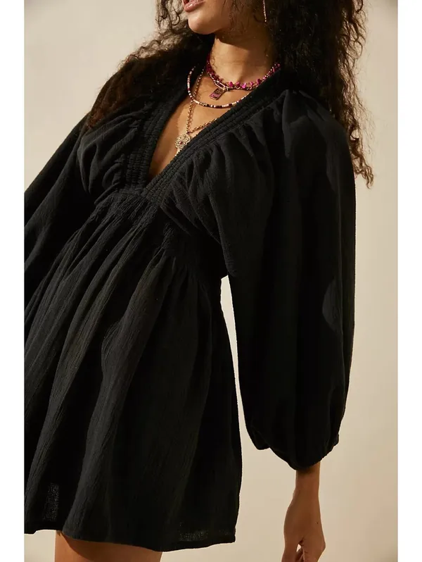 Free People For The Moment Mini Dress Black Cotton Boho Balloon Sleeve Size S - Image 3