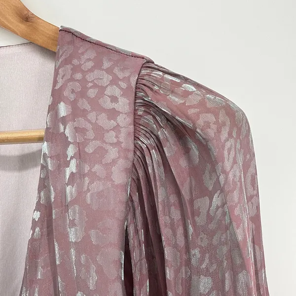Show Me Your Mumu Joplin Wrap Blouse S Mauve Lilac Metallic Leopard Crop‎ Top - Image 6