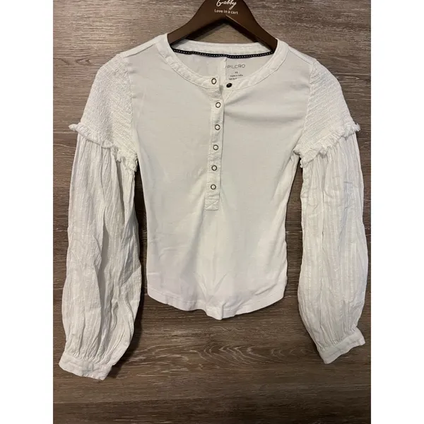 Pilcro Anthropologie White Ribbed Henley Top Smocked Balloon Sleeve Womens XS - Image 2