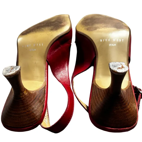 Nine West Red Leather Square Toe Mary Jane Slingback Heels 8.5M Y2K - Image 5