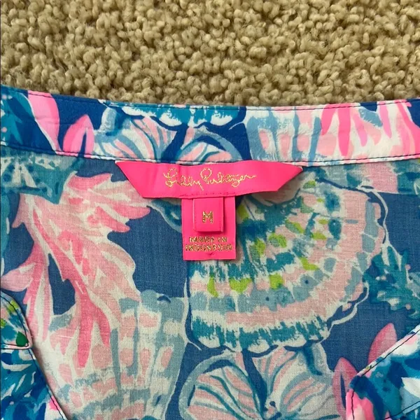 Lilly Pulitzer Pink and Blue Ruffled 3/4 Sleeve Blouse - Image 2