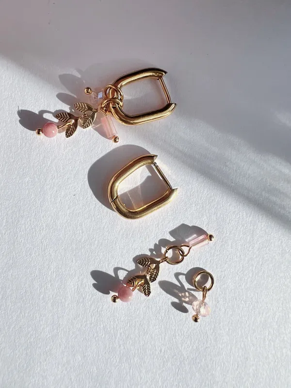 Gold hoop earrings with removable pink charms - Image 3