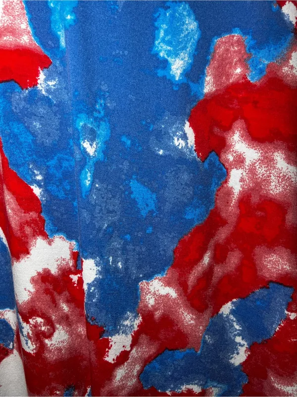LuLaRoe Frankie Red, Blue & White Abstract Tie-Dye Short Sleeve Hoodie - Image 3
