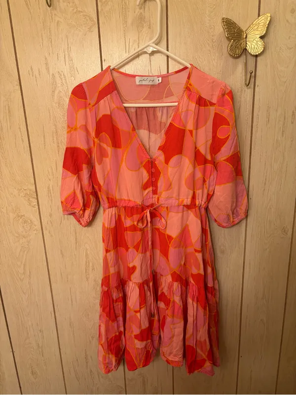 Petal & Pup Pink & Coral Abstract V-Neck Tie-Waist Mini Dress - Image 2