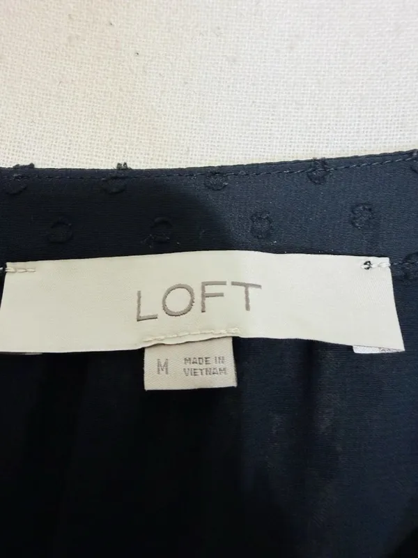 LOFT Black Ruffle Blouse Sz M Semi Sheer Long Sleeve Textured Polka Dots - Image 9
