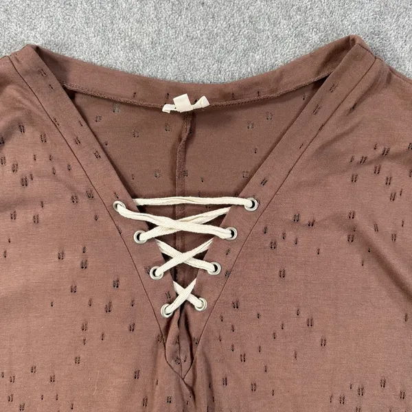 Buckle Tattered Lace Up Tee Shirt Women's Small Brown Short Sleeve Distressed - Image 3