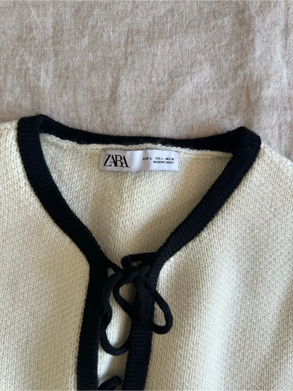 Zara Cream Tie Front Knit Cardigan Contrast Trim Large - Image 3