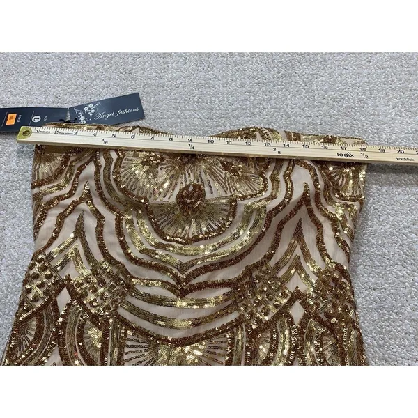 Angel Fashions Strapless Gold Sequin Beaded Long Gown Dress Women Size L - Image 9