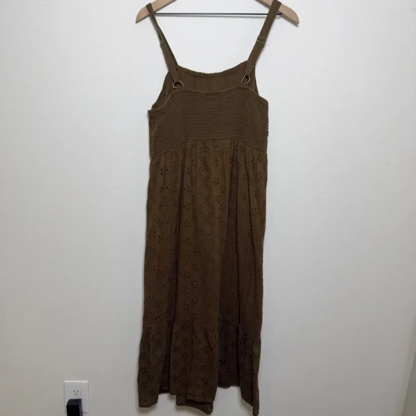 VTG Women Eyelet Maxi Dress XL Green Cotton Button Front Goblin Cottagecore Boho - Image 4