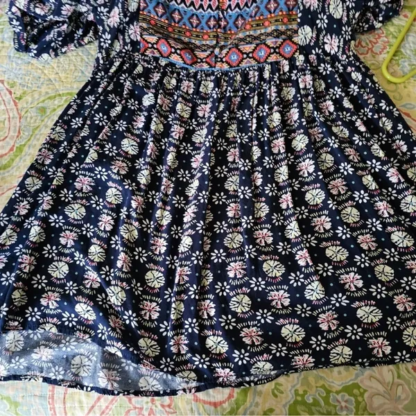 Umgee Navy Boho Aztec Print Mini Dress 3/4 Sleeve Babydoll Tunic Size Medium - Image 8