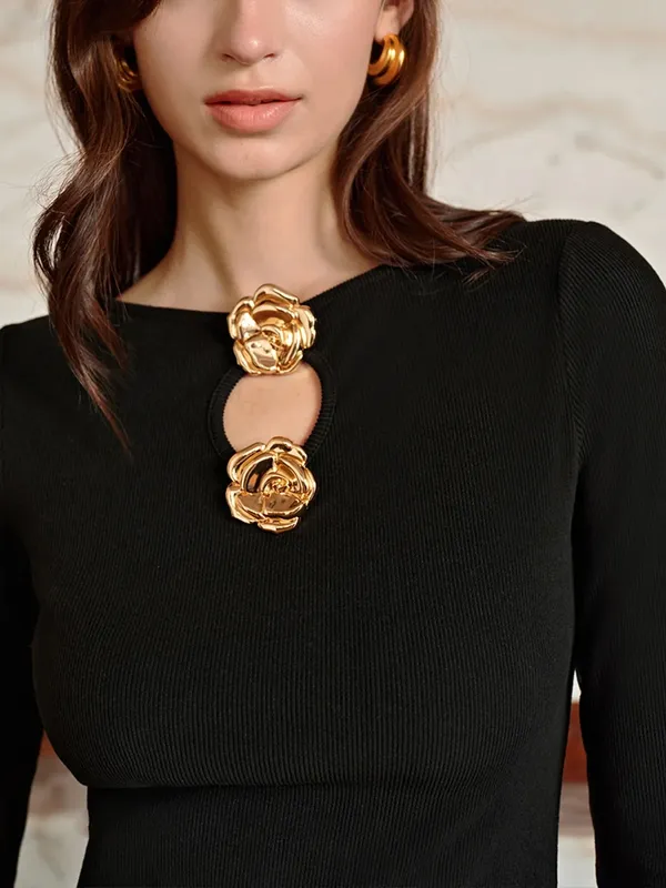 Commense Black Ribbed Long Sleeve Mini Dress With Gold Metal Rose Cutout M NWT - Image 2