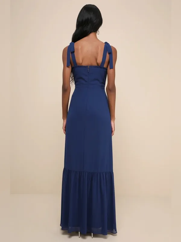 NEW Lulu’s Truly Gorgeous Dark Blue Ruffled Bustier Tie-Strap Maxi Dress XS NWT - Image 2