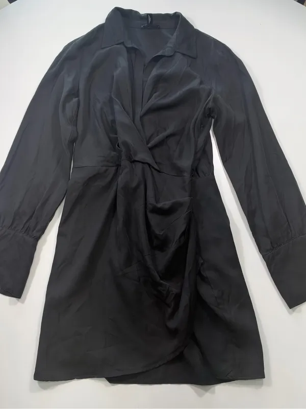 Aqua 100% Tencel Black Long-Sleeve Faux Wrap Mini Dress Size Large - Image 2