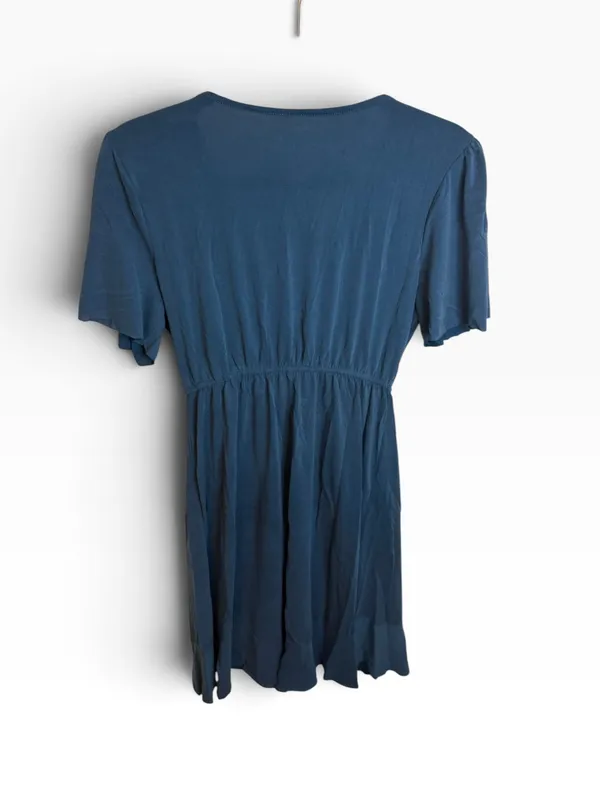 Alya Blue Jersey Knit Short Sleeve Ruffle Wrap Dress - Image 2
