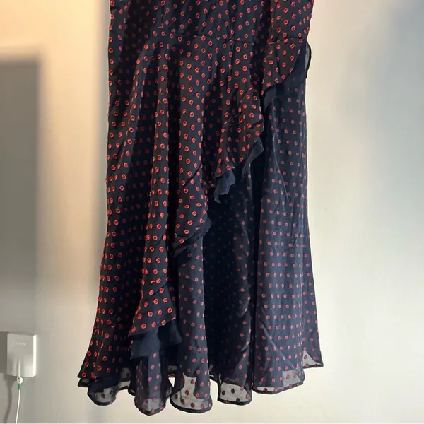 Eva Franco Womens 14‎ Polka Dot Ruffle Fit & Flare Dress Navy Red Keyhole Back - Image 5