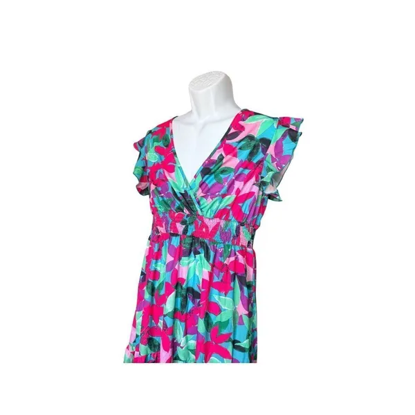 Womens Shein Beautiful Floral Print Cap Sleeve Flutter Boho Maxi Dress - Sz L - Image 2