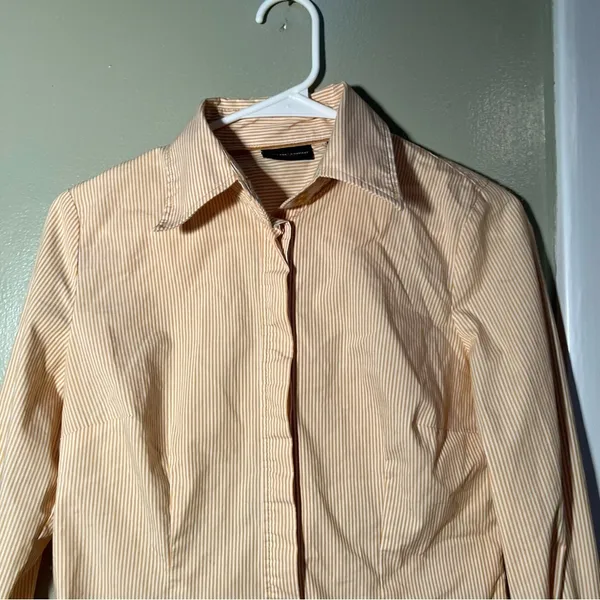 New‎ York & Company Women's Size Small Button Down Shirt Yellow White Pinstripes - Image 2