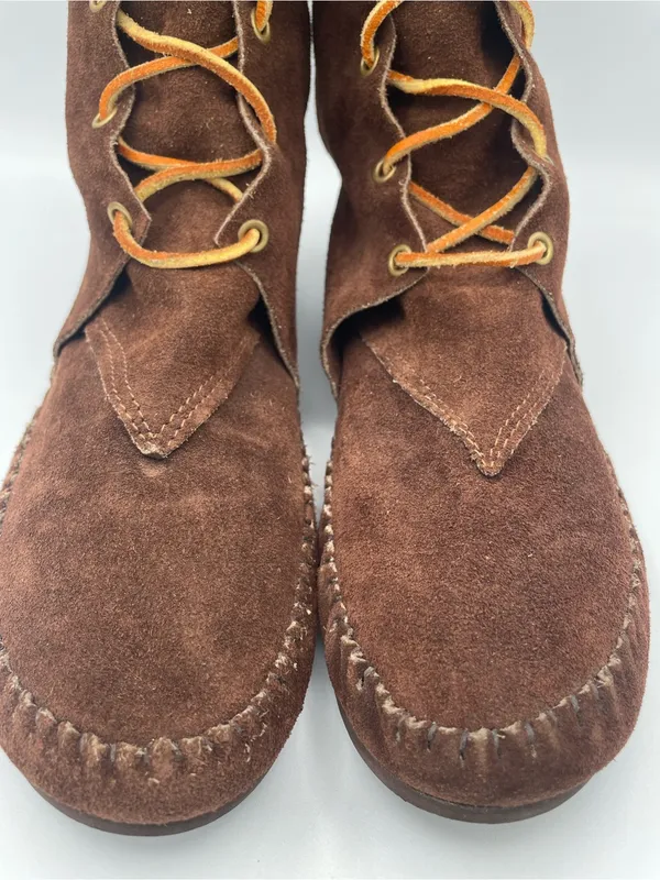 Vintage TAOS 9 Brown Suede Knee High Lace Up Moccasin Boots Boho Western - Image 5