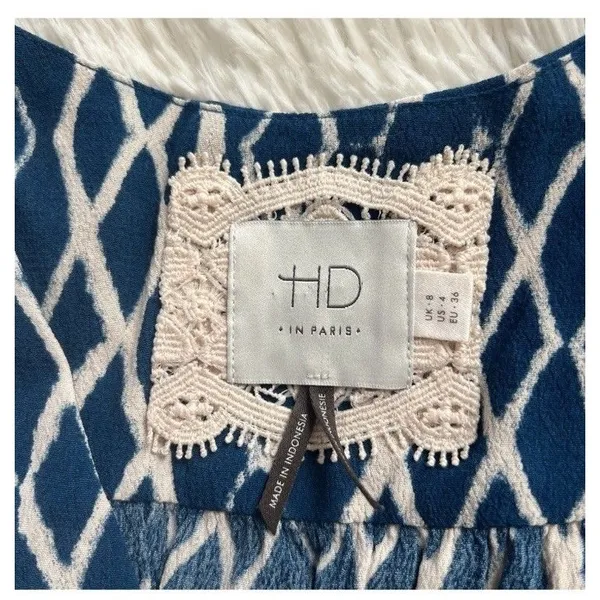 Anthropologie HD IN PARIS Blue White Diamond Printed Smocked Mini Dress Size 4 - Image 7