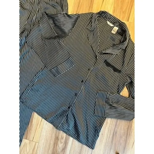 Wm Med Adonna Pajama Set Black White Striped Satin Button‎ Down Sleepwear Retro - Image 2