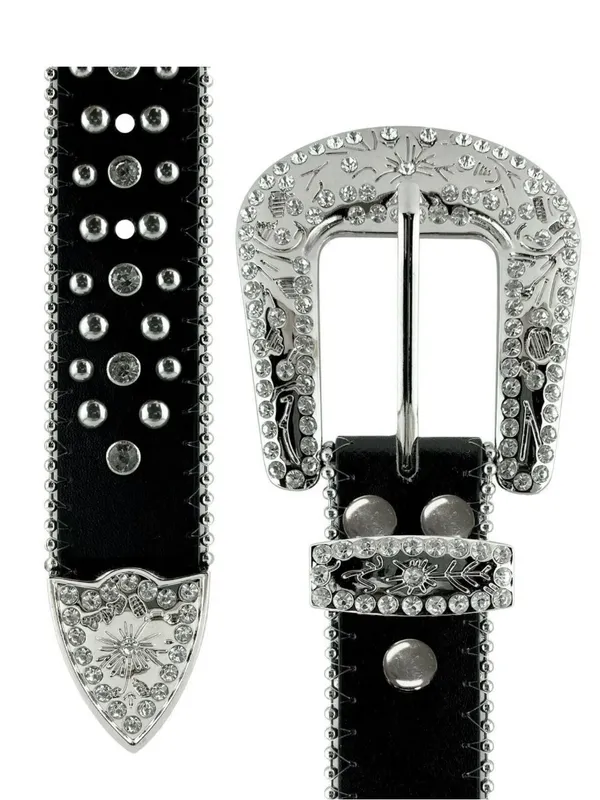 Western Black Leather Belt with Crystal Studded Rhinestones, Engraved Buckke - Image 3
