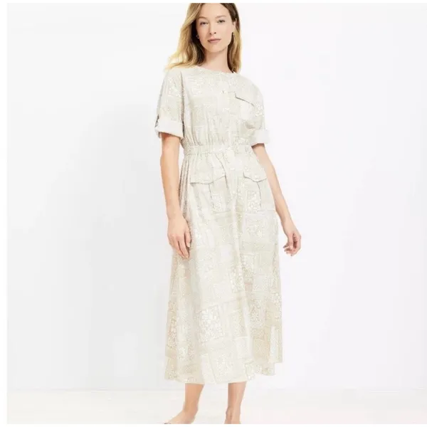LOFT Tile Utility Midi Pocket Dress Khaki Tan Size 4‎ NEW - Image 2