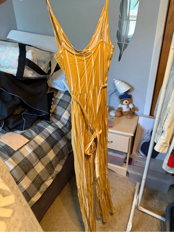 Forever 21 Mustard Yellow & White Striped Spaghetti Strap Jumpsuit - Image 2
