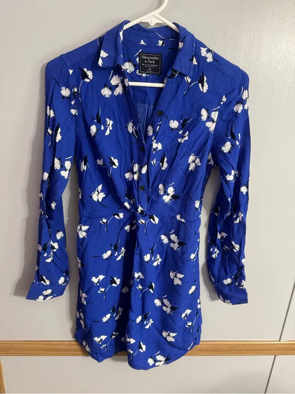 Abercrombie & Fitch Royal Blue Floral Button-Down Shirt Dress Size XS - Image 9