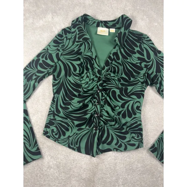 maeve anthropologie top Black‎ Green Ruched Button Front Medium Long Sleeve - Image 2