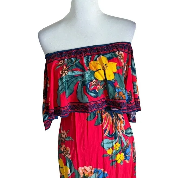 Flying Tomato Tropical Print Off The Shoulder Red Maxi Dress Womens XS Flowy Beach Vacation - Image 2