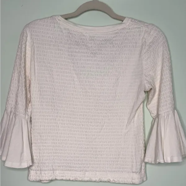 Anthropologie Cream Scoop Neck Smocked Bell Sleeve Blouse XS - Image 9
