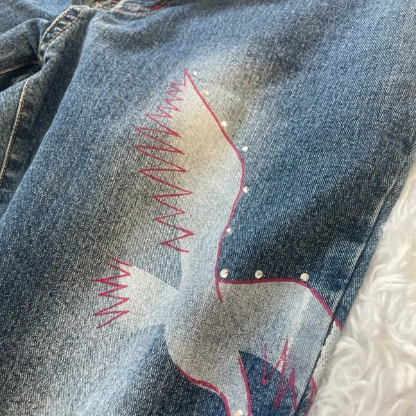 Y2K Flare Jeans Bird Graphic Studded Denim Low Rise Size 30 - Image 3