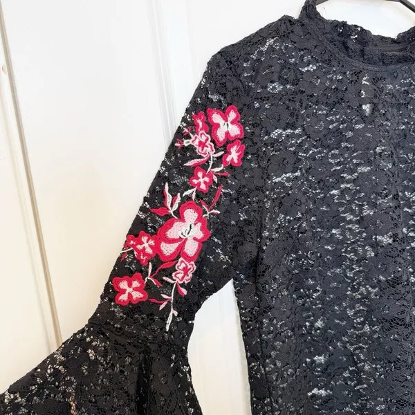 Womens Black Sheer Embroidered Floral Top Small Romantic‎ Whimsigoth Puff Sleeve - Image 2