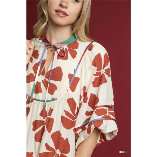 Umgee Two Tone Floral Tie-Neck Babydoll‎ Dress - Image 5
