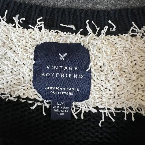 American Eagle Vintage Boyfriend Sweater Black Cream Striped Eyelash Knit Large - Image 3
