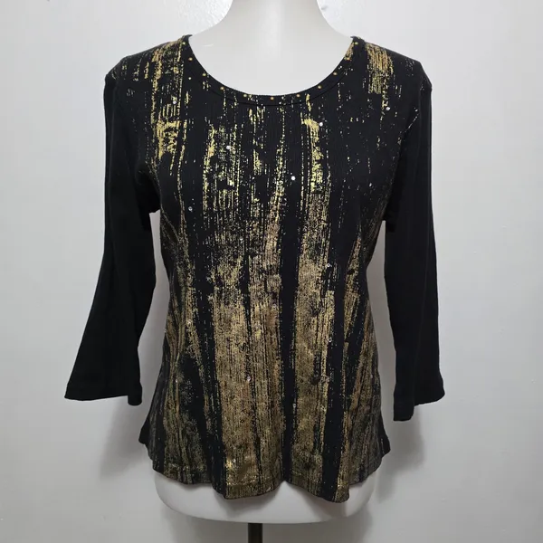 Cha Cha Vente Black Gold Distressed Graphic Print 3/4 Sleeve Top L Whimsigoth - Image 2