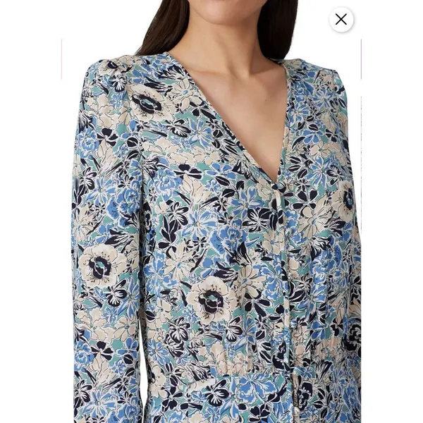 Veronica Beard 14 Riggins‎ Dress Mini Shift Blue Silk Floral V Neck Long Sleeves - Image 2
