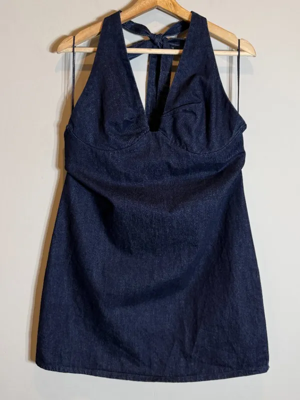 Free People Trevi Denim Mini Dress Women's Large Rinse Halter Backless Festival - Image 7